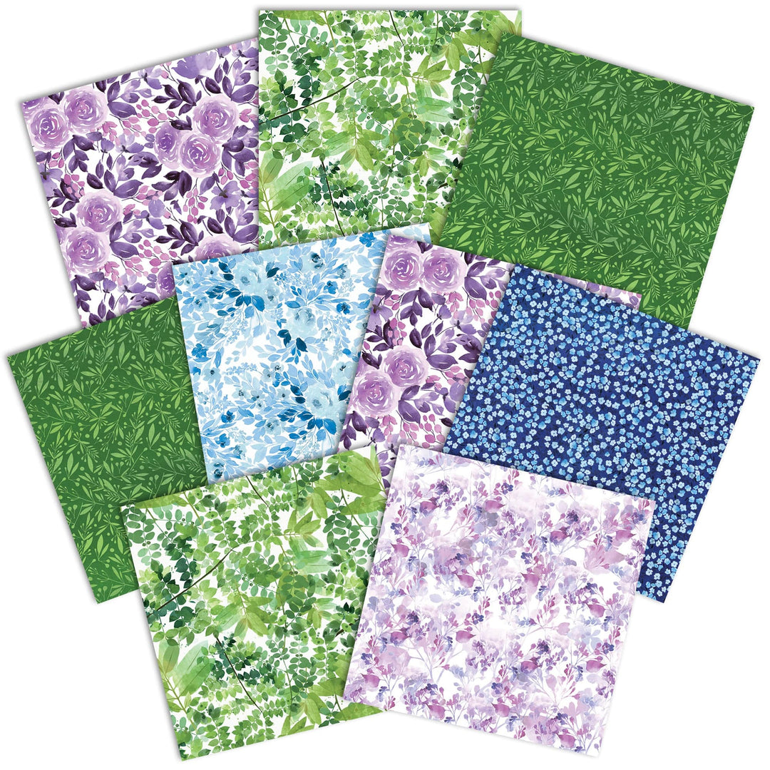 PSET-0032E - COOL FLORAL COLORWAYS PATTERN 12 X12 SCRAPBOOK PAPER SET - Nine decorative scrapbook paper sheets in purple, green, and blue floral and leafy patterns arranged in an overlapping fan layout
