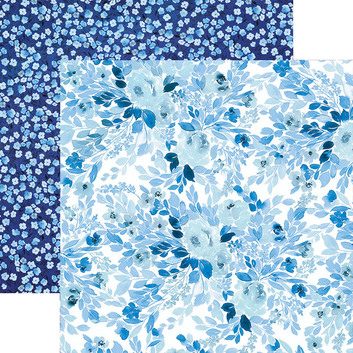 PSET-0032E - COOL FLORAL COLORWAYS PATTERN 12 X12 SCRAPBOOK PAPER SET - Two coordinating floral scrapbook papers in shades of blue: one with small flowers on dark navy, one with larger blooms and leaves on white