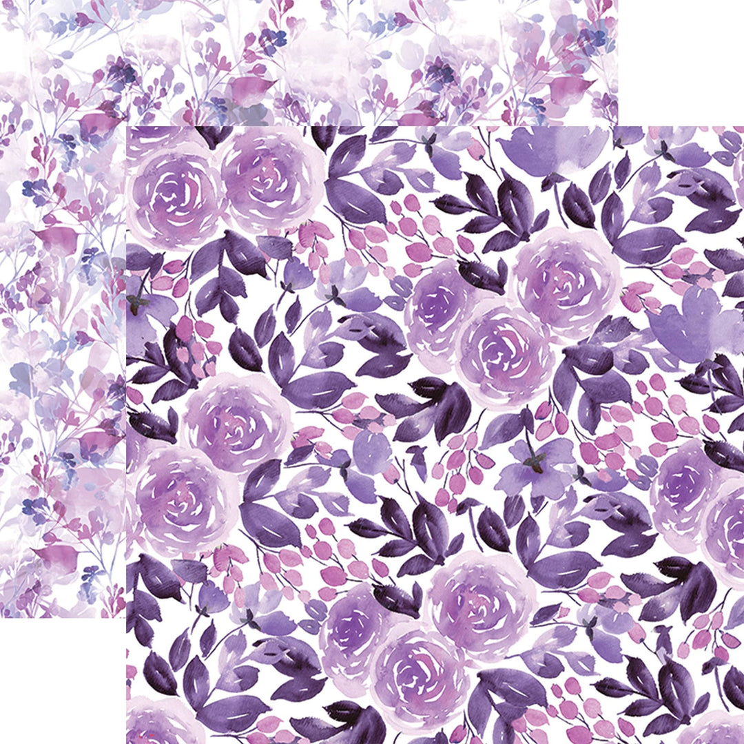 PSET-0032E - COOL FLORAL COLORWAYS PATTERN 12 X12 SCRAPBOOK PAPER SET - Purple watercolor roses and leaves on white background, seamlessly tiled across multiple sheet panels