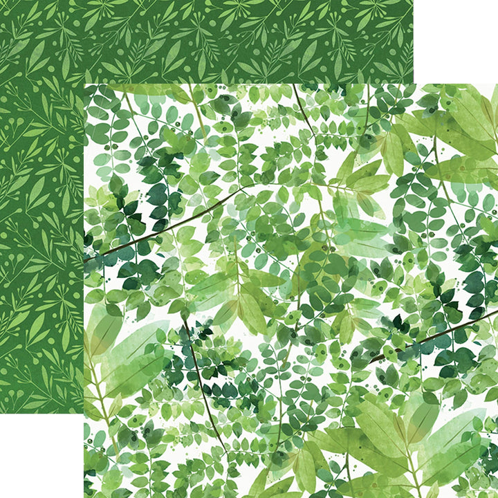 PSET-0032E - COOL FLORAL COLORWAYS PATTERN 12 X12 SCRAPBOOK PAPER SET - Green botanical pattern scrapbook paper with layered leaf designs in various shades of green on white background