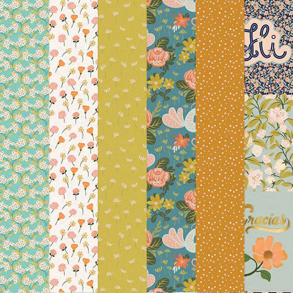 PSET-0033E - BACKYARD GARDEN PATTERN 12 X12 SCRAPBOOK PAPER SET - Six vertical fabric strips featuring floral and geometric patterns in turquoise, cream, olive, teal, gold, and navy colors