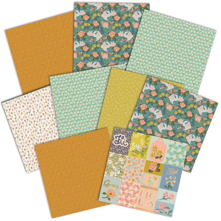 PSET-0033E - BACKYARD GARDEN PATTERN 12 X12 SCRAPBOOK PAPER SET - Twelve patterned cardstock sheets in green, gold, and coral featuring florals, polka dots, and botanical designs arranged in an overlapping display