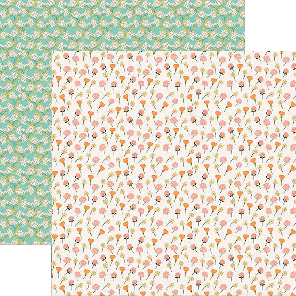 PSET-0033E - BACKYARD GARDEN PATTERN 12 X12 SCRAPBOOK PAPER SET - Two overlapping decorative scrapbook papers featuring floral patterns in pink, orange, and yellow on turquoise and cream backgrounds