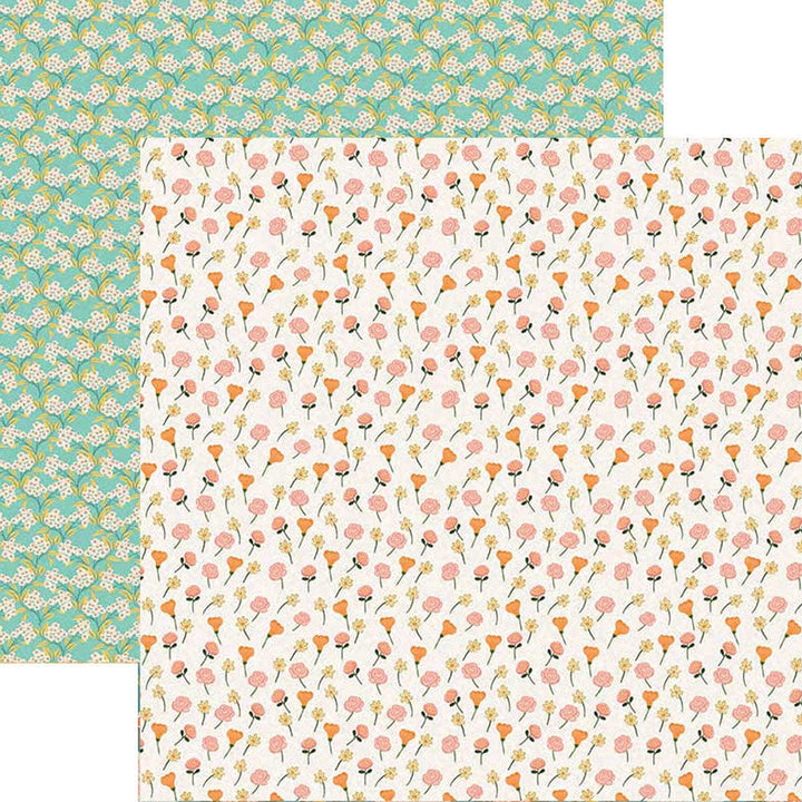 PSET-0033E - BACKYARD GARDEN PATTERN 12 X12 SCRAPBOOK PAPER SET - Two overlapping decorative scrapbook papers featuring floral patterns in pink, orange, and yellow on turquoise and cream backgrounds