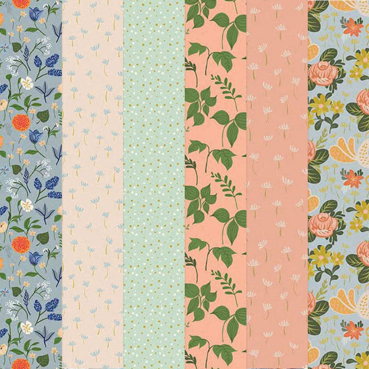 PSET-0034E - BACKYARD BIRDS PATTERN 12 X12 SCRAPBOOK PAPER SET - Five vertical fabric strips displaying coordinating floral and botanical patterns in blue, cream, green, coral, and gray with small flowers and leaves