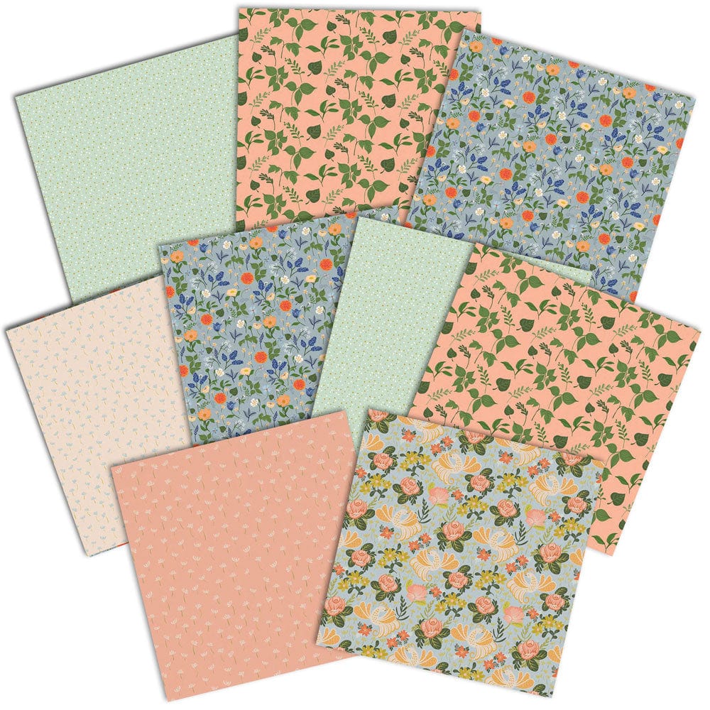 PSET-0034E - BACKYARD BIRDS PATTERN 12 X12 SCRAPBOOK PAPER SET - Twelve assorted 12x12 scrapbook papers featuring floral and leaf patterns in peach, green, and blue tones
