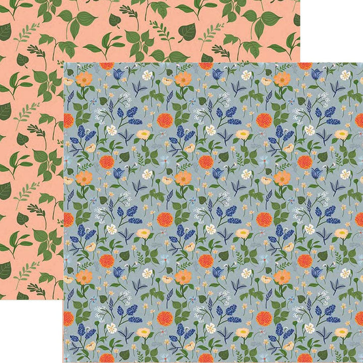 PSET-0034E - BACKYARD BIRDS PATTERN 12 X12 SCRAPBOOK PAPER SET - Two reversible scrapbook paper designs: peach background with green leaves and orange flowers, and blue-gray background with colorful wildflowers