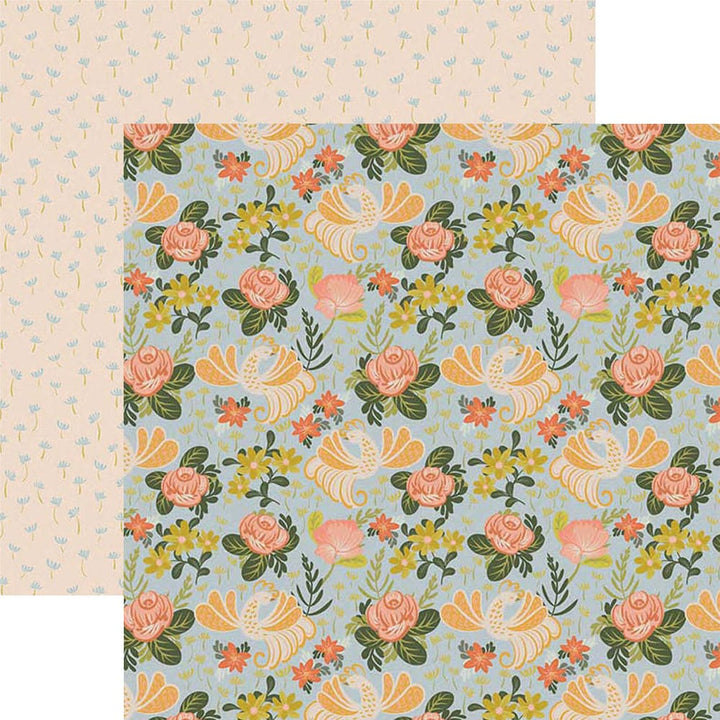 PSET-0034E - BACKYARD BIRDS PATTERN 12 X12 SCRAPBOOK PAPER SET - Two complementary decorative papers: light beige with small blue flowers, and blue-gray with pink roses, orange flowers, and yellow blooms