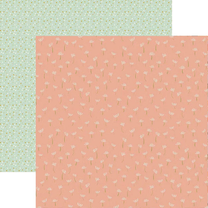 PSET-0034E - BACKYARD BIRDS PATTERN 12 X12 SCRAPBOOK PAPER SET - Two-sided scrapbook paper with mint dotted pattern and coral floral design with white Queen Anne&