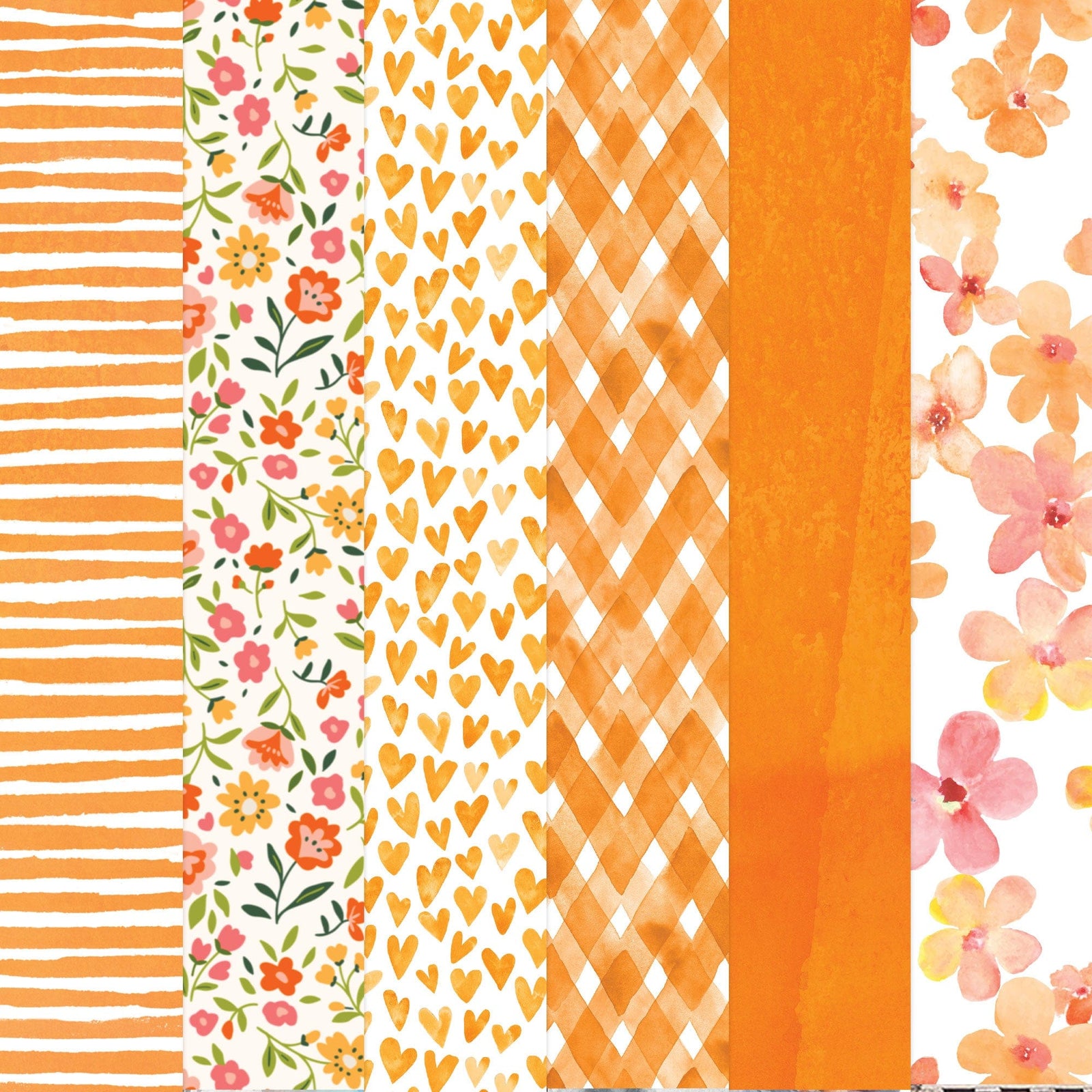 PSET-0037E - ORANGE COLORWAYS PATTERN 12 X 12 PAPER SET - Six vertical paper strips in orange tones featuring stripes, floral prints, hearts, argyle pattern, solid color, and watercolor flowers