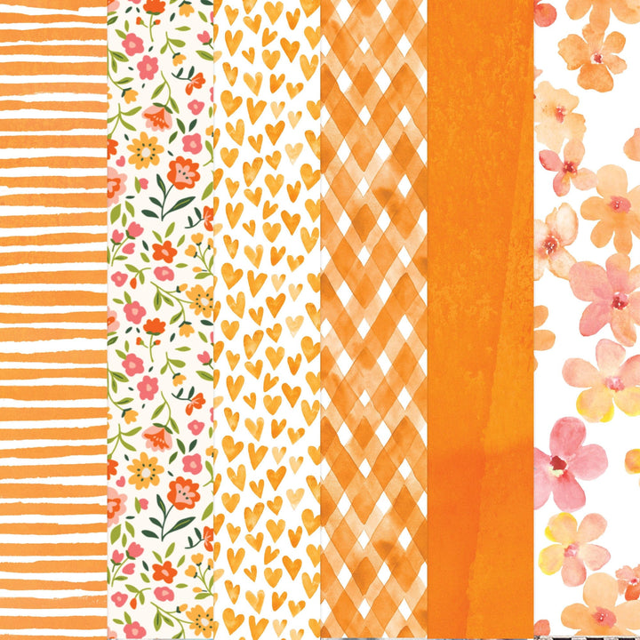 PSET-0037E - ORANGE COLORWAYS PATTERN 12 X 12 PAPER SET - Six vertical paper strips in orange tones featuring stripes, floral prints, hearts, argyle pattern, solid color, and watercolor flowers