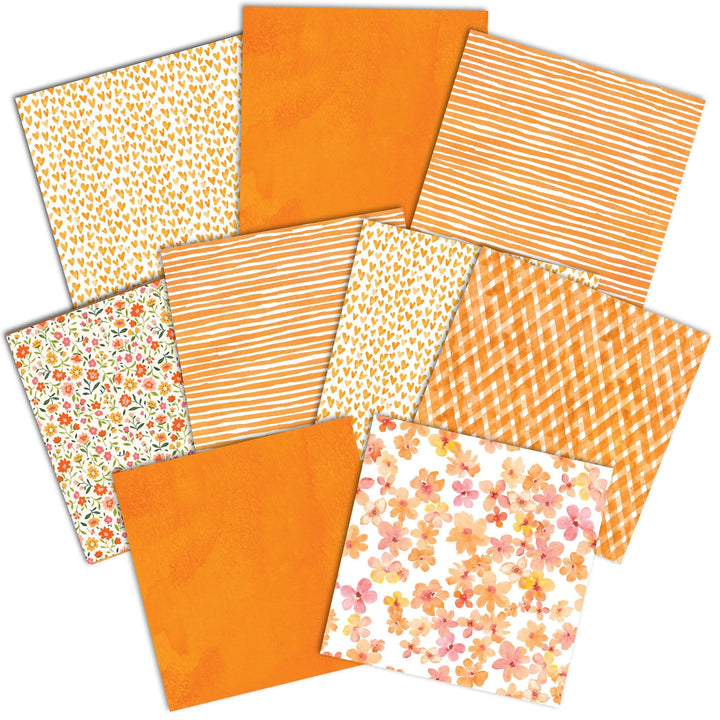 PSET-0037E - ORANGE COLORWAYS PATTERN 12 X 12 PAPER SET - A collection of 10 orange and white patterned paper sheets displaying stripes, hearts, gingham, florals, and solid colors