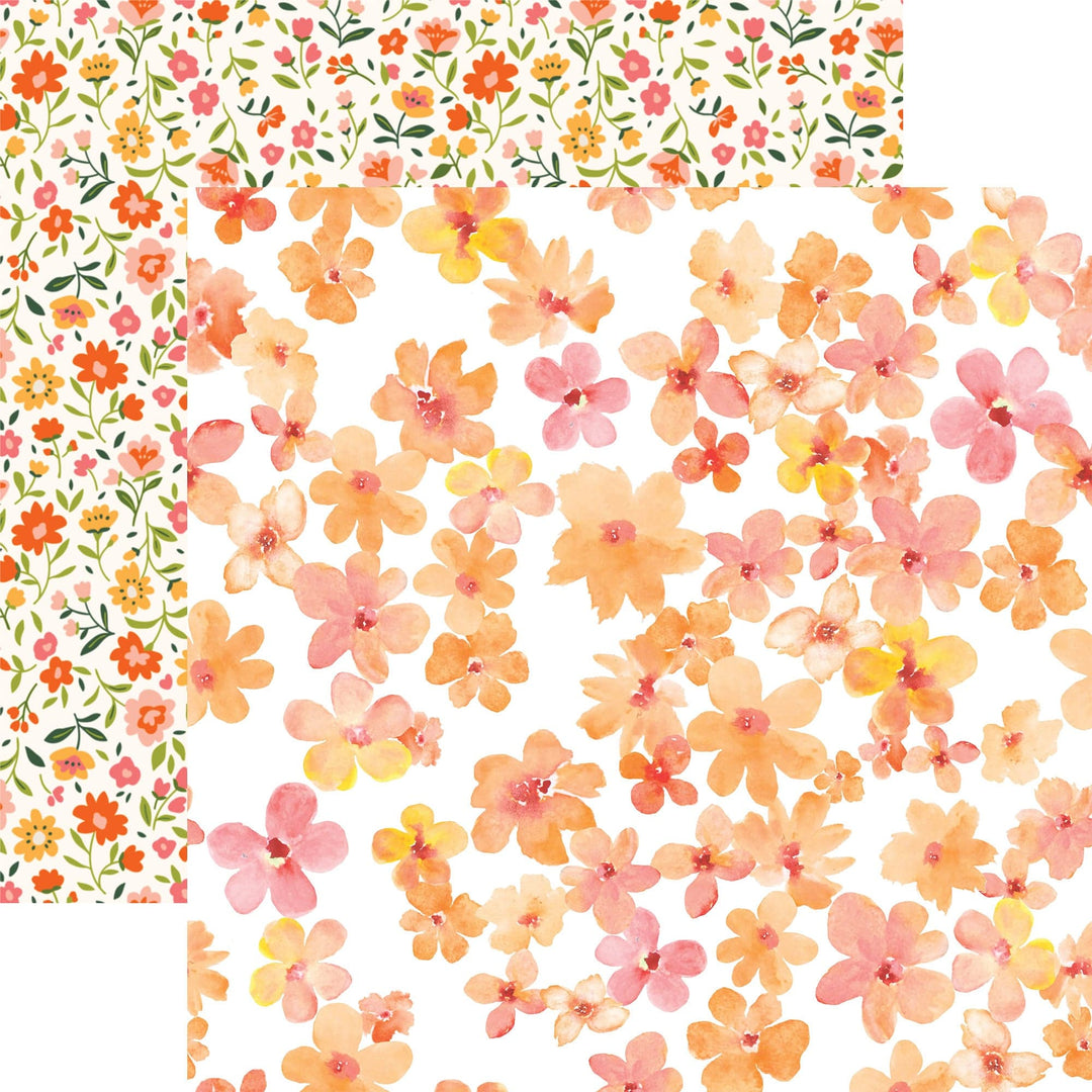 PSET-0037E - ORANGE COLORWAYS PATTERN 12 X 12 PAPER SET - Two decorative paper patterns featuring watercolor flowers in orange, pink, and yellow tones on white and patterned backgrounds