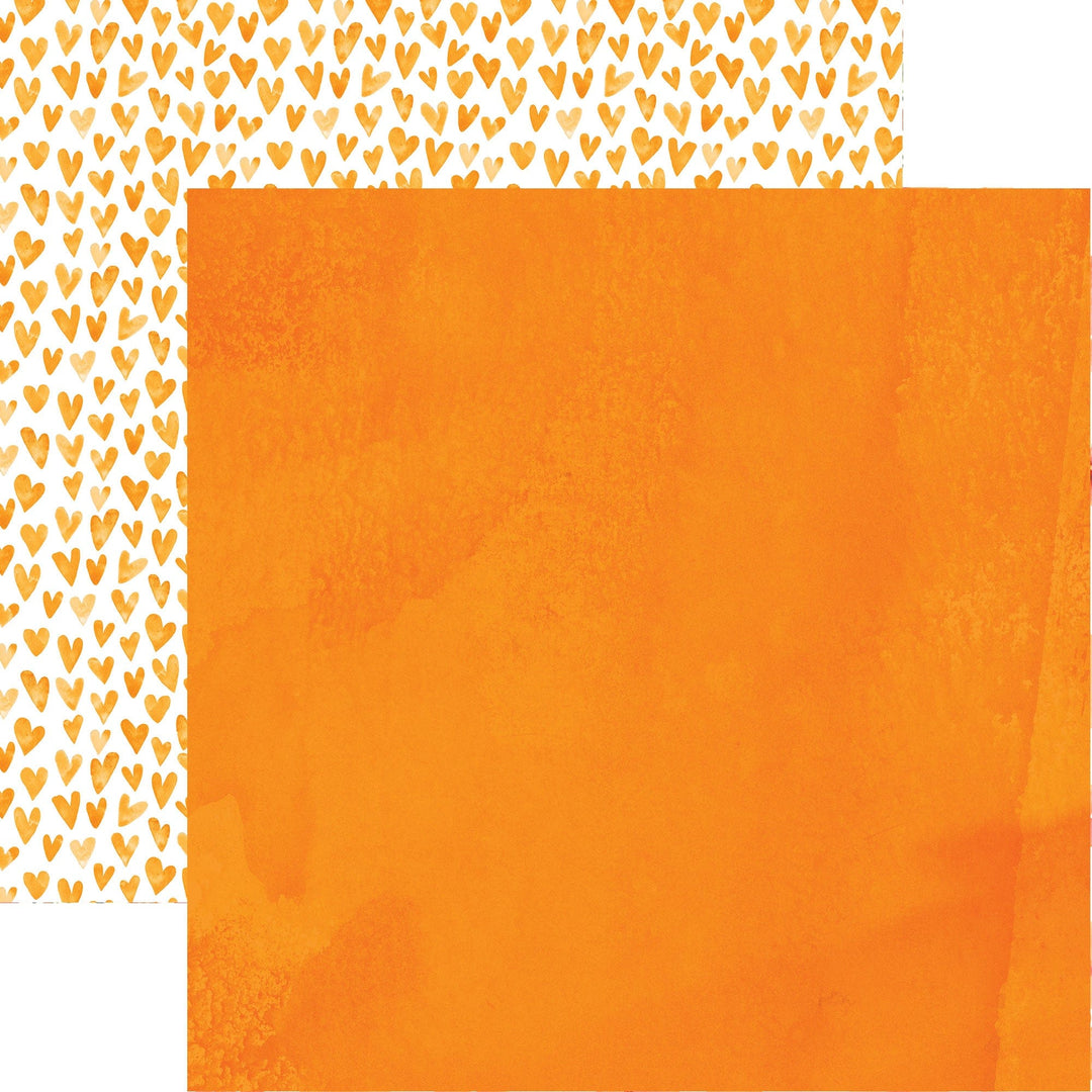 PSET-0037E - ORANGE COLORWAYS PATTERN 12 X 12 PAPER SET - Two-sided scrapbook paper featuring orange hearts on white and solid orange background