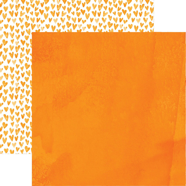 PSET-0037E - ORANGE COLORWAYS PATTERN 12 X 12 PAPER SET - Two-sided scrapbook paper featuring orange hearts on white and solid orange background