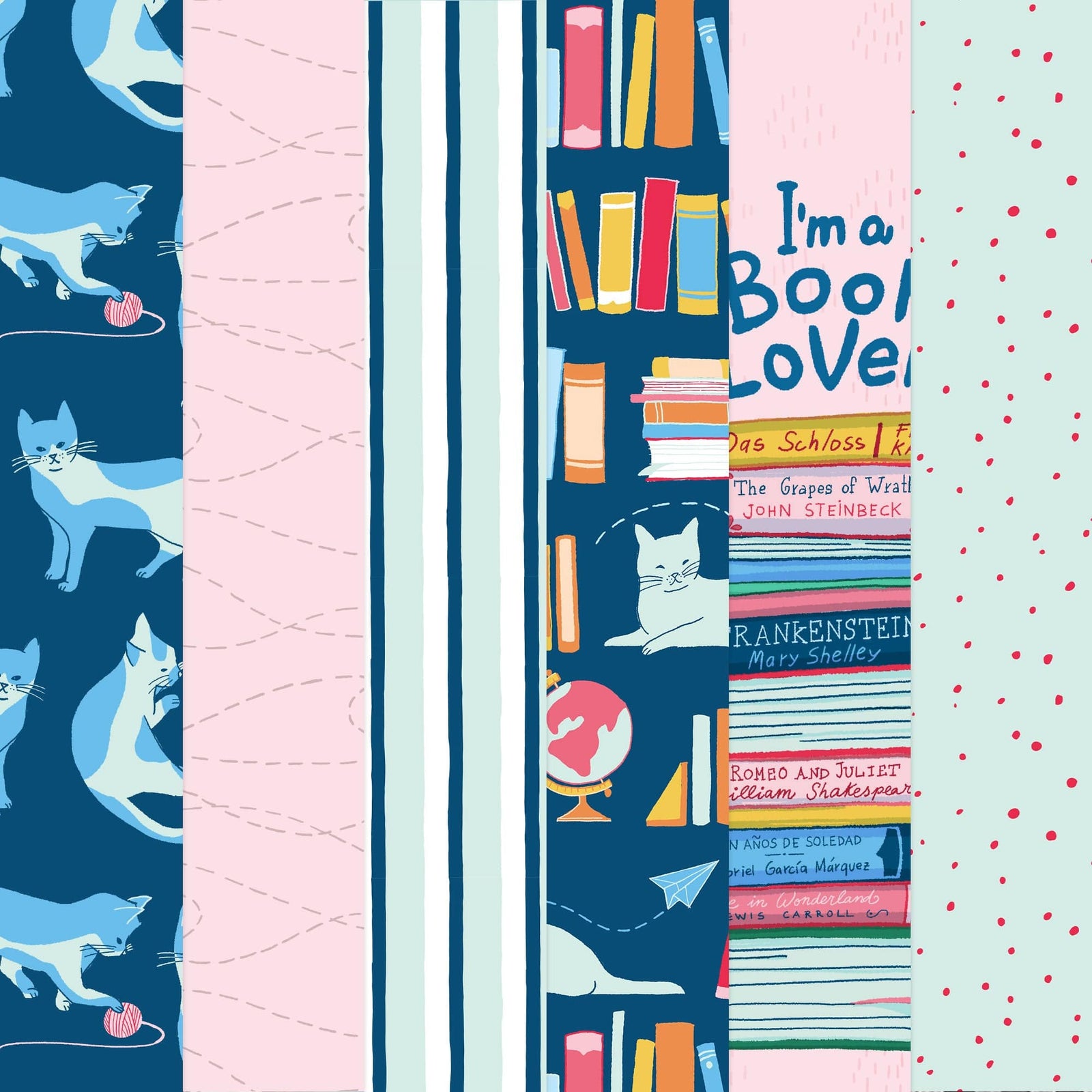 PSET-0038E - My Favorite Things  Pattern 12 x 12 Scrapbook Paper Set - Colorful scrapbook paper featuring book spines, cats, geometric patterns, and "I'm a Book Lover" text in blue, pink, and mint green