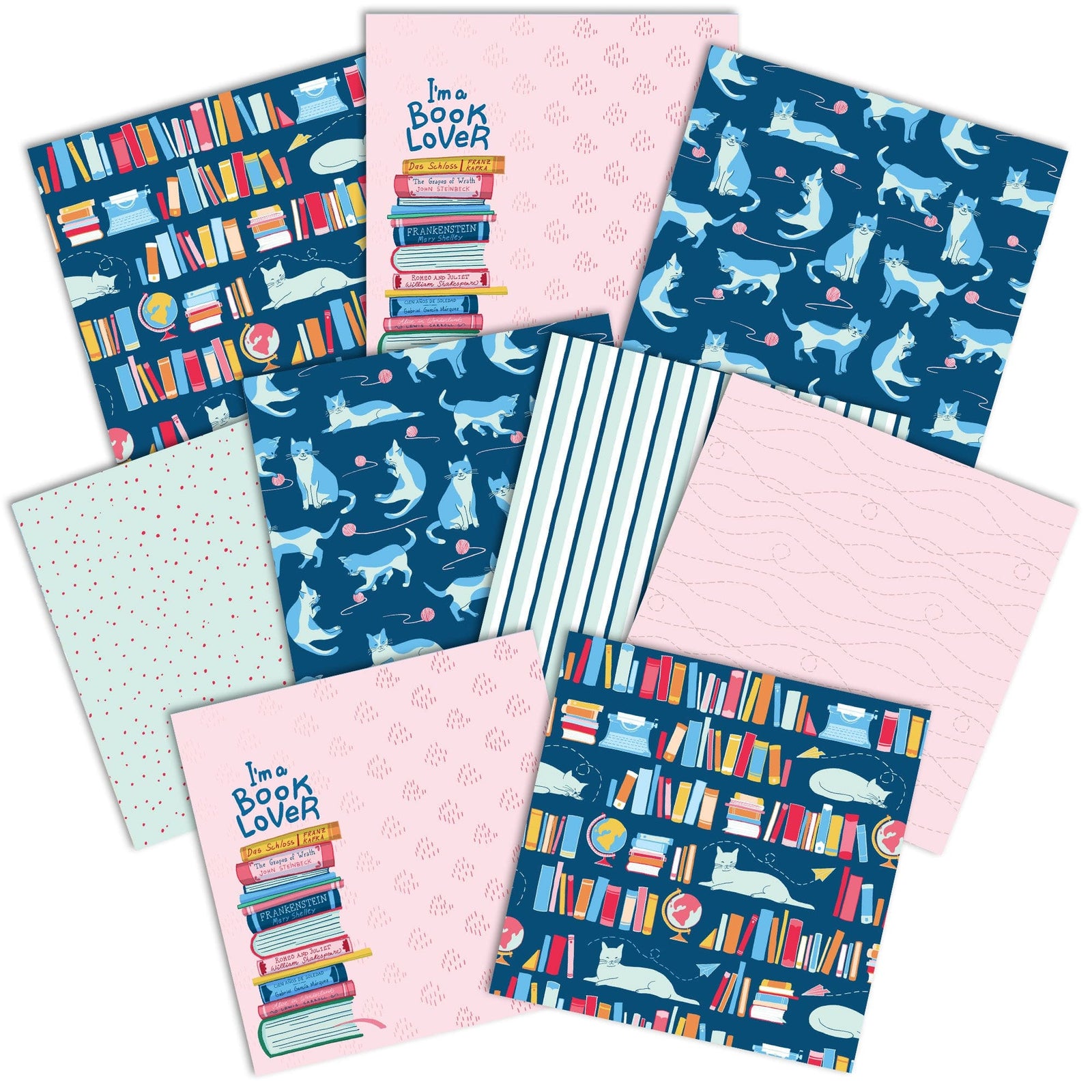 PSET-0038E - My Favorite Things  Pattern 12 x 12 Scrapbook Paper Set - Six 12x12 scrapbook papers featuring book lover designs, cats playing with yarn, libraries, and "I'm a Book Lover" text in pink and navy blue