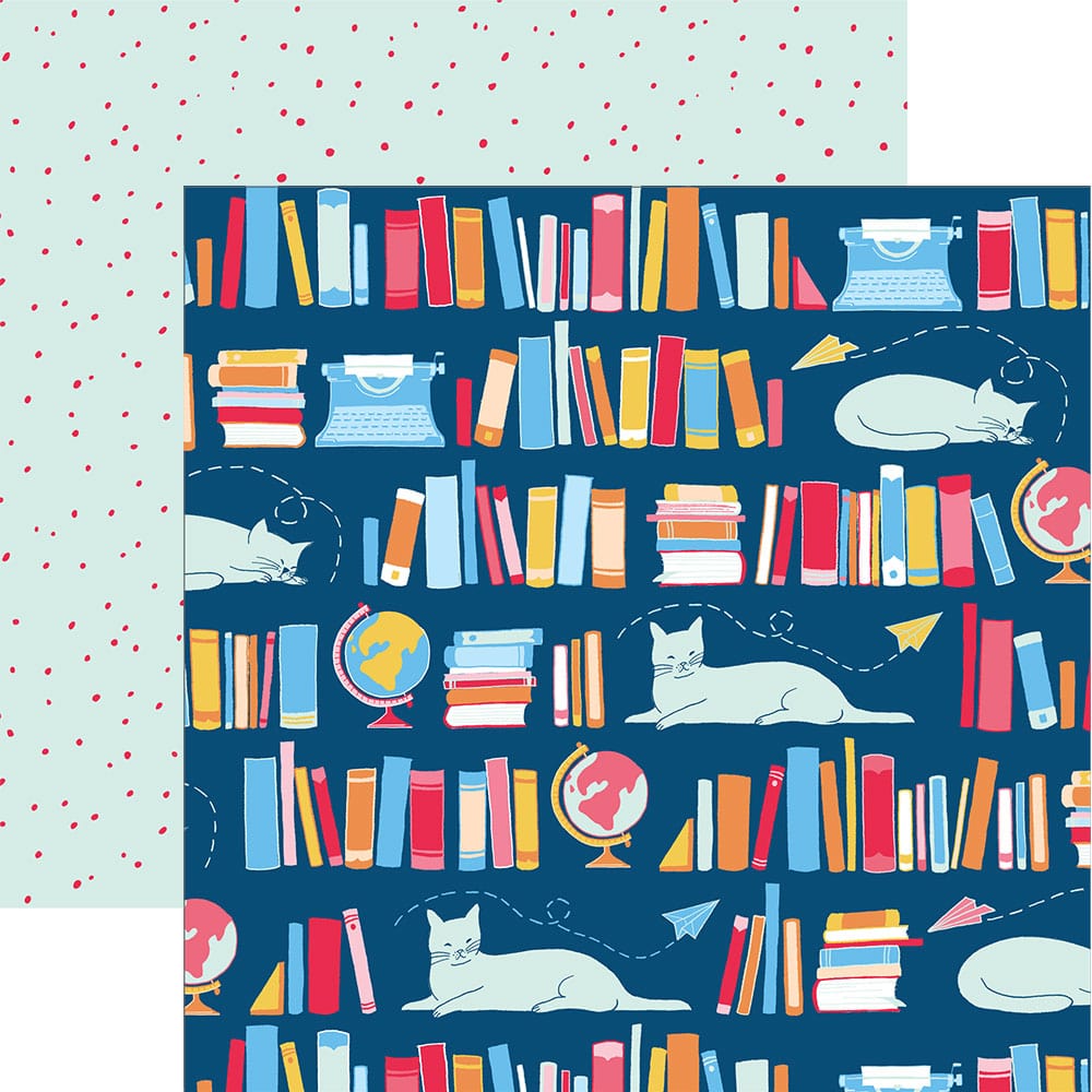 PSET-0038E - My Favorite Things  Pattern 12 x 12 Scrapbook Paper Set - Dark blue scrapbook paper with colorful books, typewriters, globes, paper planes, and white cats among shelves and dotted mint background