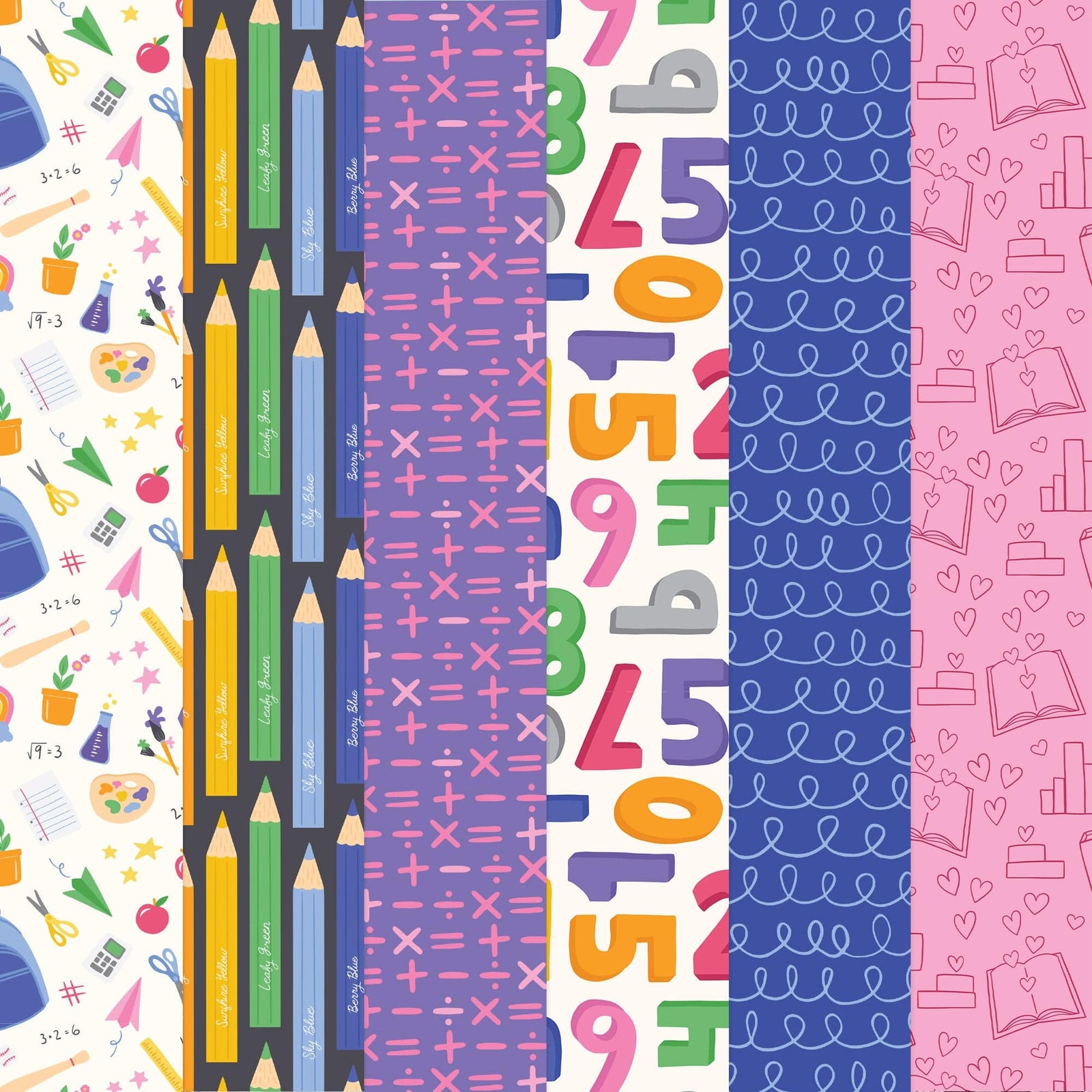 PSET-0039E - School Days  Pattern 12 x 12 Scrapbook Paper Set - Colorful patterned scrapbook paper strips featuring school supplies, math symbols, hearts, and decorative designs in pink, purple, blue, and green