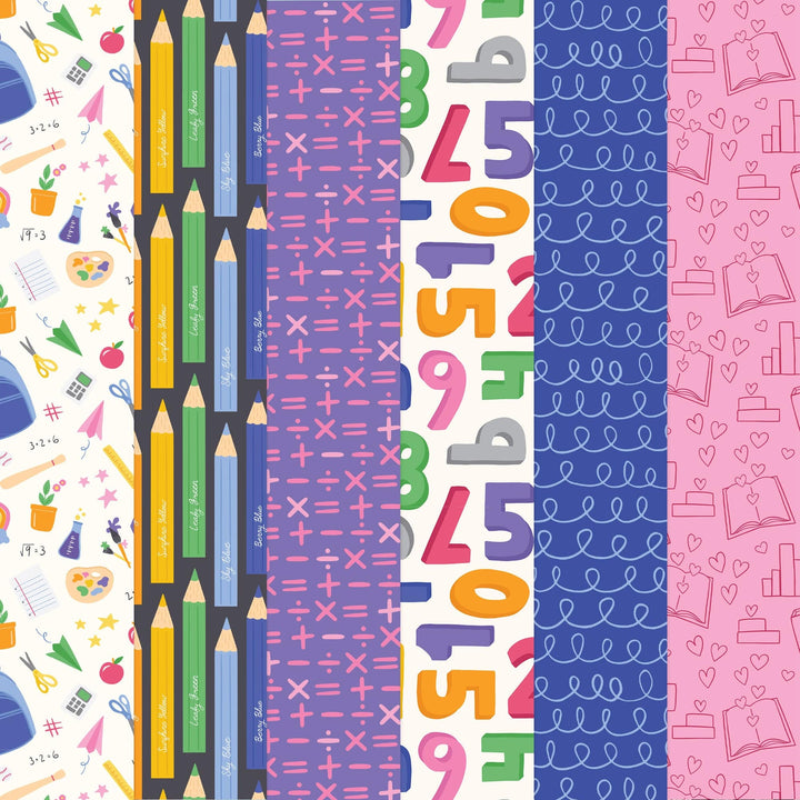 PSET-0039E - School Days  Pattern 12 x 12 Scrapbook Paper Set - Colorful patterned scrapbook paper strips featuring school supplies, math symbols, hearts, and decorative designs in pink, purple, blue, and green