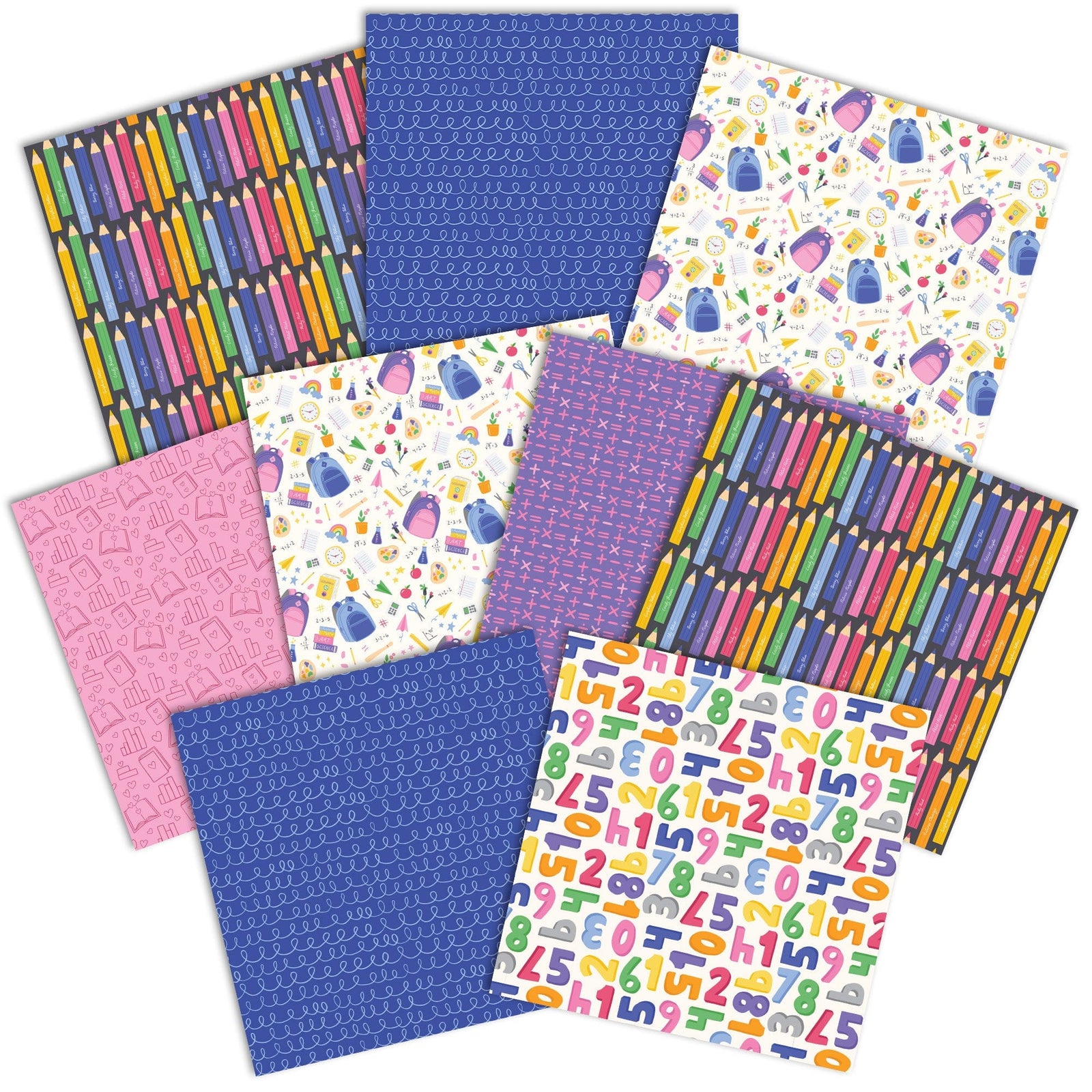 PSET-0039E - School Days  Pattern 12 x 12 Scrapbook Paper Set - Colorful scrapbook paper set featuring colored pencils, school supplies, numbers, and patterns in blue, pink, and purple designs