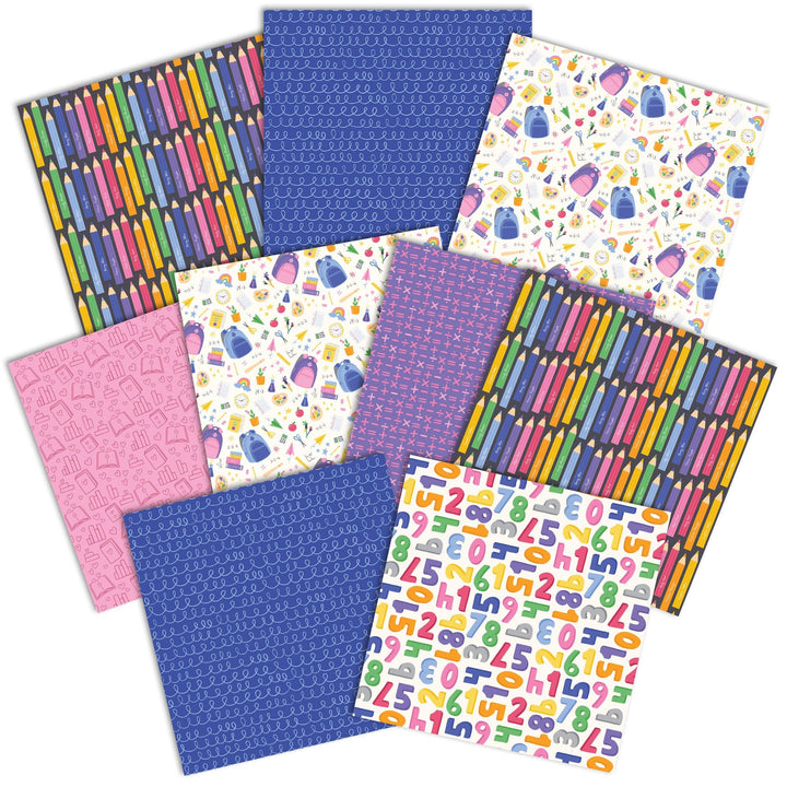 PSET-0039E - School Days  Pattern 12 x 12 Scrapbook Paper Set - Colorful scrapbook paper set featuring colored pencils, school supplies, numbers, and patterns in blue, pink, and purple designs