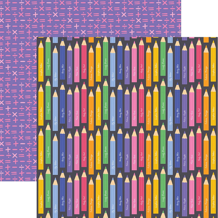 PSET-0039E - School Days  Pattern 12 x 12 Scrapbook Paper Set - Colorful pencils with pointed tips arranged in rows on dark background, with math symbols pattern on reverse side