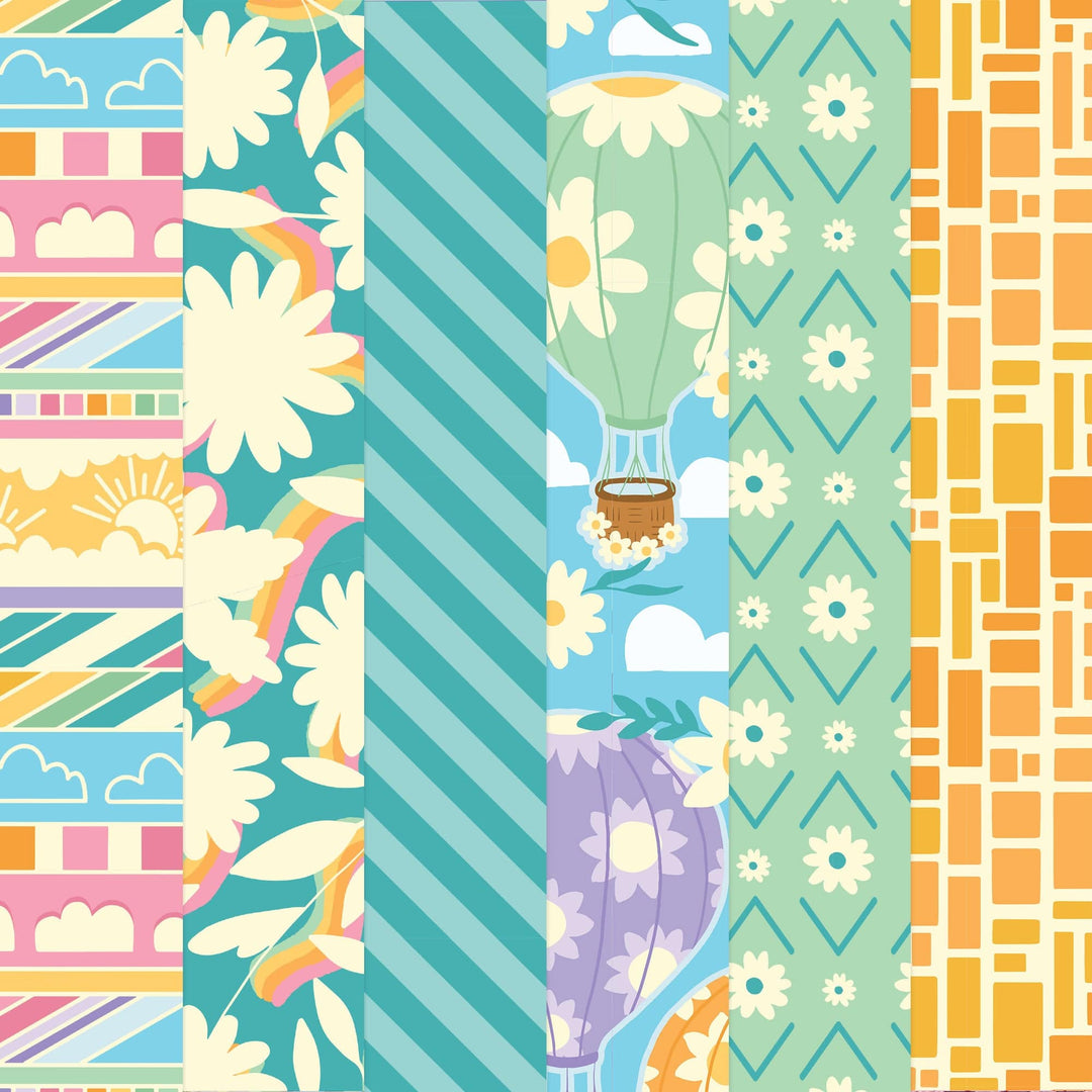 PSET-0040E - Lighter than Air   Pattern 12 x 12 Scrapbook Paper Set - Colorful patchwork scrapbook paper featuring hot air balloons, flowers, clouds, and geometric patterns in teal, pink, orange, and purple
