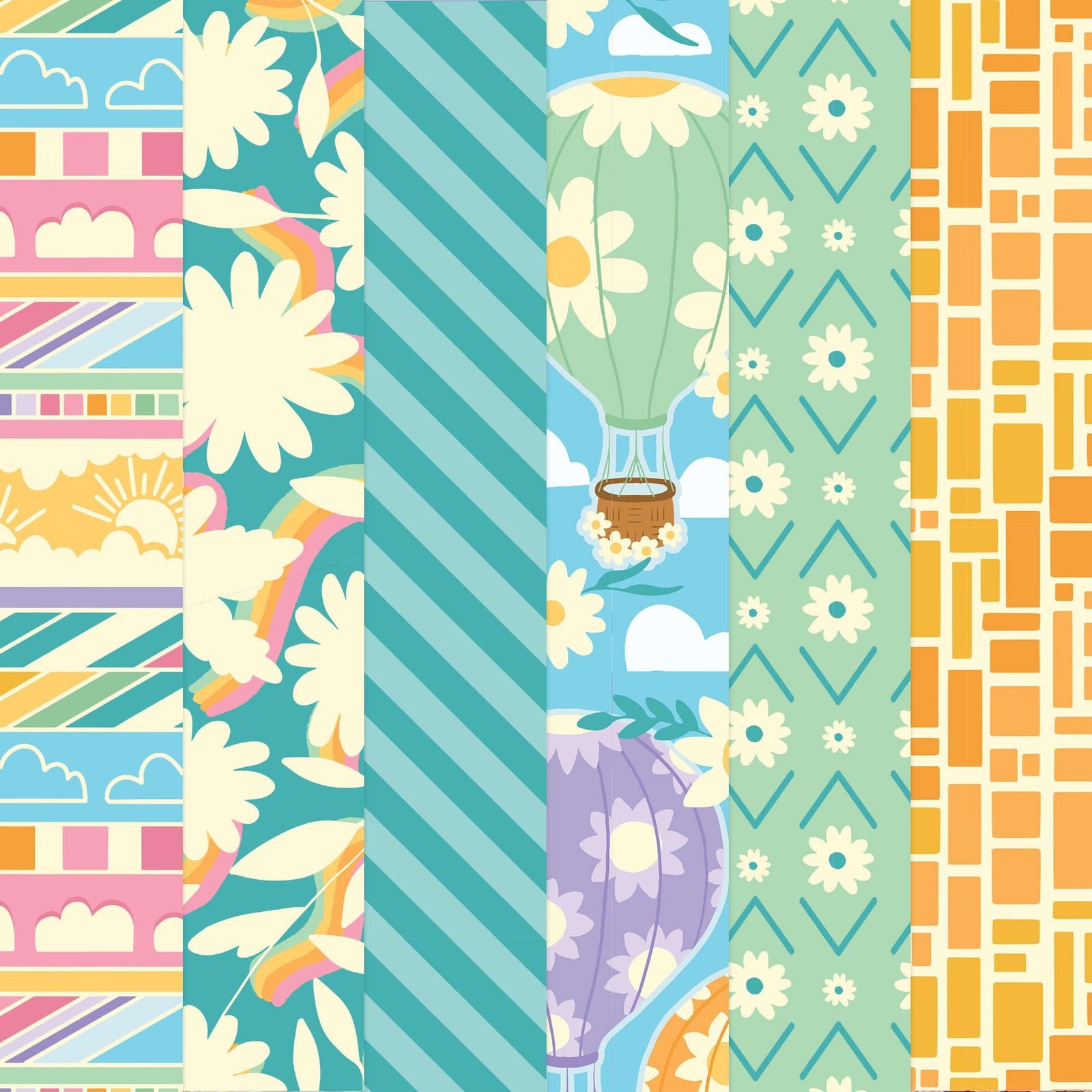 PSET-0040E - Lighter than Air   Pattern 12 x 12 Scrapbook Paper Set - Colorful patchwork scrapbook paper featuring hot air balloons, flowers, clouds, and geometric patterns in teal, pink, orange, and purple