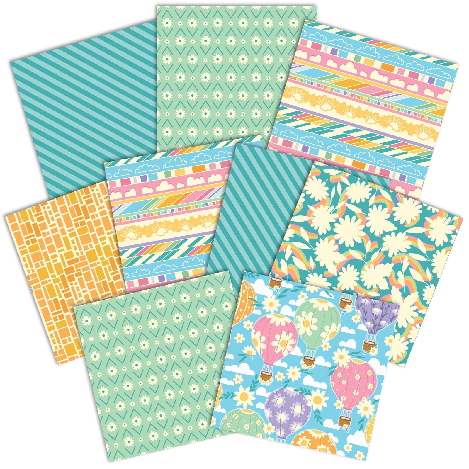 PSET-0040E - Lighter than Air   Pattern 12 x 12 Scrapbook Paper Set - Twelve colorful scrapbook paper sheets featuring stripes, floral patterns, clouds, hot air balloons, and geometric designs in turquoise, green, yellow, and pink tones