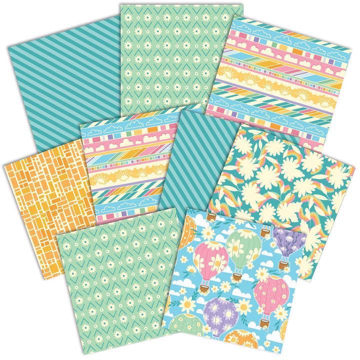 PSET-0040E - Lighter than Air   Pattern 12 x 12 Scrapbook Paper Set - Twelve colorful scrapbook paper sheets featuring stripes, floral patterns, clouds, hot air balloons, and geometric designs in turquoise, green, yellow, and pink tones