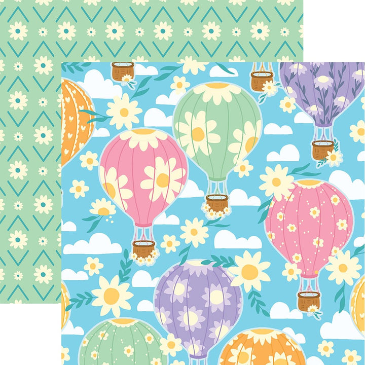 PSET-0040E - Lighter than Air   Pattern 12 x 12 Scrapbook Paper Set - Colorful hot air balloons with daisy patterns float among clouds and flowers on blue sky and mint green backgrounds