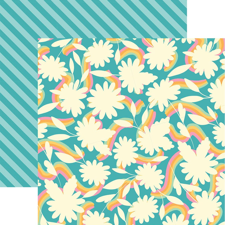 PSET-0040E - Lighter than Air   Pattern 12 x 12 Scrapbook Paper Set - Two-sided scrapbook paper featuring teal striped pattern and cream daisies with rainbow leaf accents on teal background