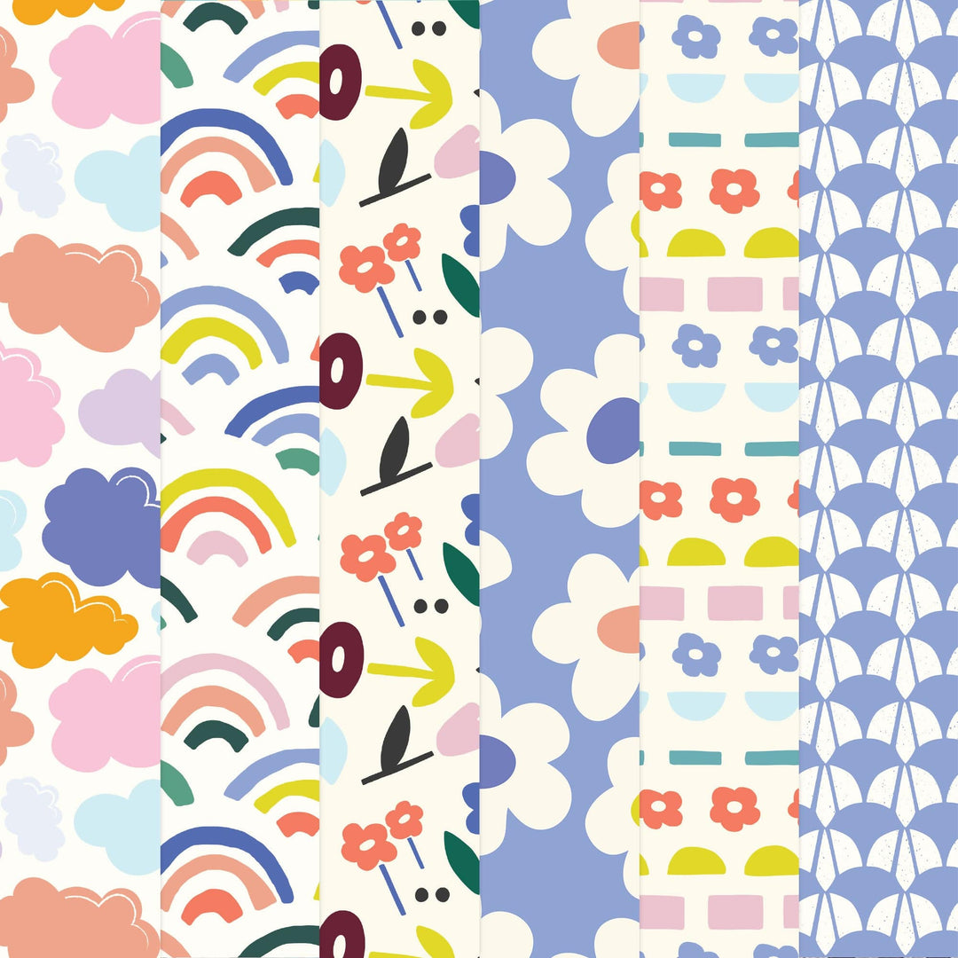 PSET-0041E - Rainbow &amp; Clouds  Pattern 12 x 12 Scrapbook Paper Set - Four coordinating scrapbook paper patterns featuring rainbows, clouds, flowers, and geometric designs in pastels