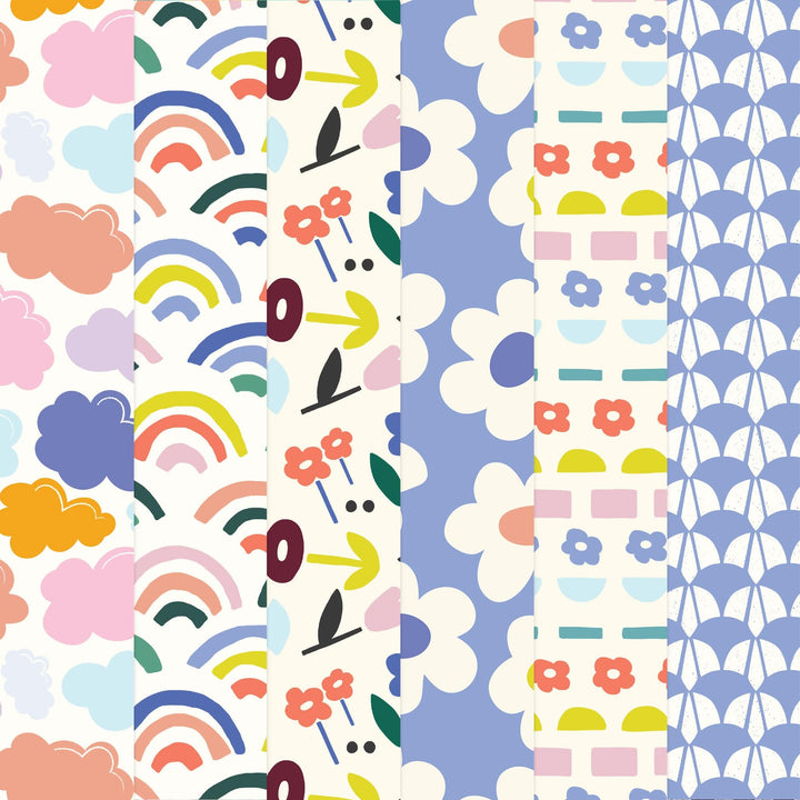 PSET-0041E - Rainbow &amp; Clouds  Pattern 12 x 12 Scrapbook Paper Set - Four coordinating scrapbook paper patterns featuring rainbows, clouds, flowers, and geometric designs in pastels