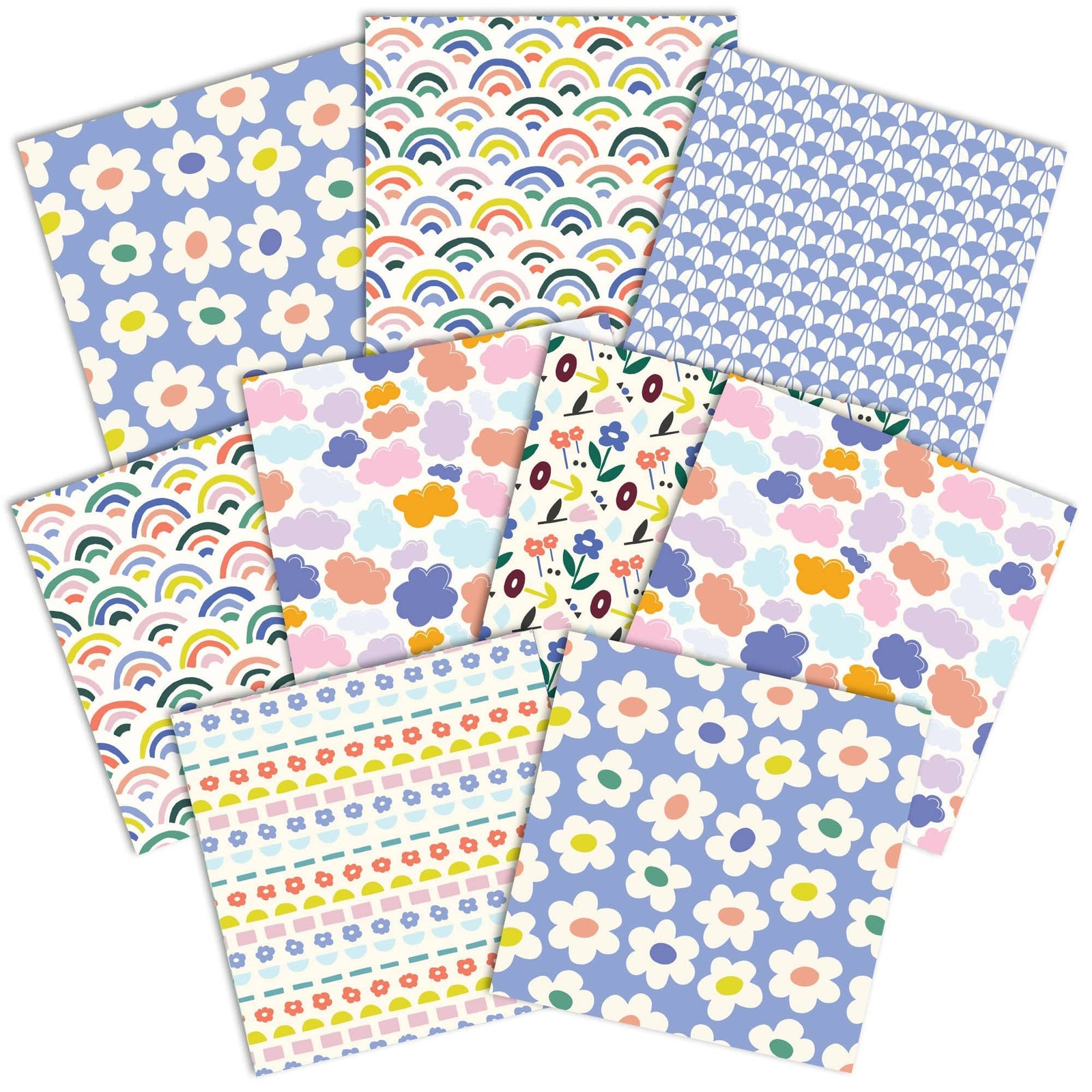PSET-0041E - Rainbow & Clouds  Pattern 12 x 12 Scrapbook Paper Set - Twelve colorful patterned papers featuring rainbows, flowers, clouds, and geometric designs in pastel and bright colors