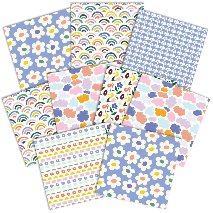 PSET-0041E - Rainbow &amp; Clouds  Pattern 12 x 12 Scrapbook Paper Set - Twelve colorful patterned papers featuring rainbows, flowers, clouds, and geometric designs in pastel and bright colors