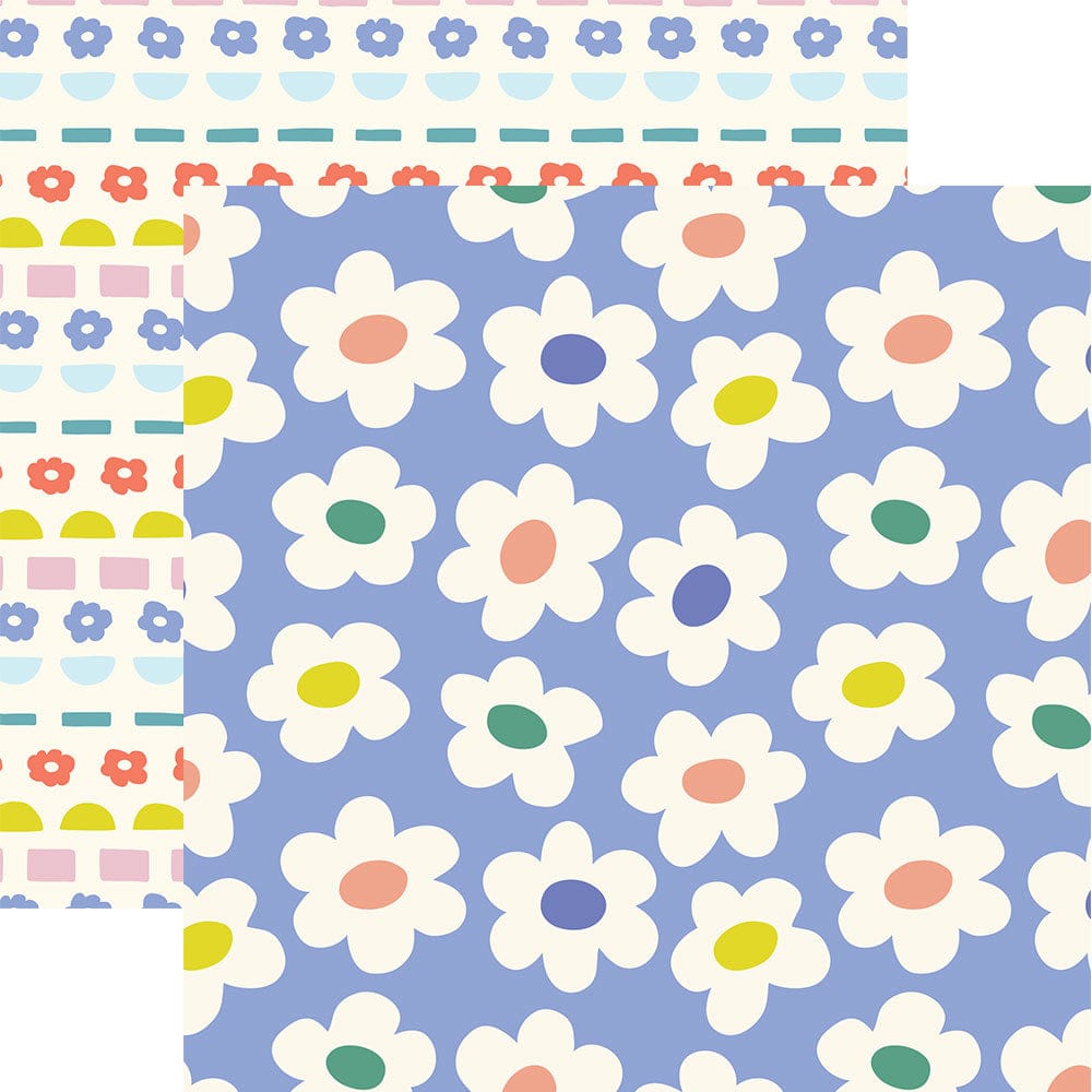 PSET-0041E - Rainbow &amp; Clouds  Pattern 12 x 12 Scrapbook Paper Set - Blue background with white daisy flowers featuring colorful centers in yellow, coral, navy, and green