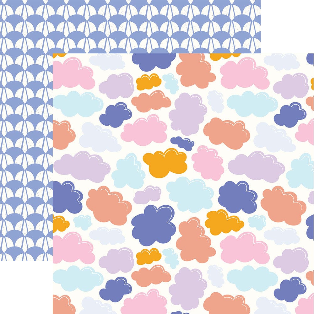 PSET-0041E - Rainbow &amp; Clouds  Pattern 12 x 12 Scrapbook Paper Set - Two-sided scrapbook paper featuring colorful cloud shapes in pink, blue, orange, and purple on white, paired with a blue geometric pattern