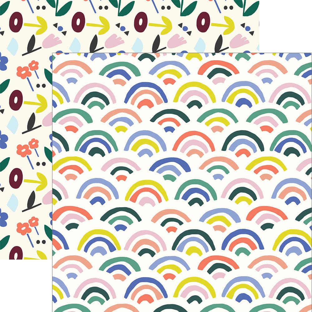 PSET-0041E - Rainbow &amp; Clouds  Pattern 12 x 12 Scrapbook Paper Set - Two coordinating scrapbook paper designs featuring colorful rainbows and botanical elements on cream background