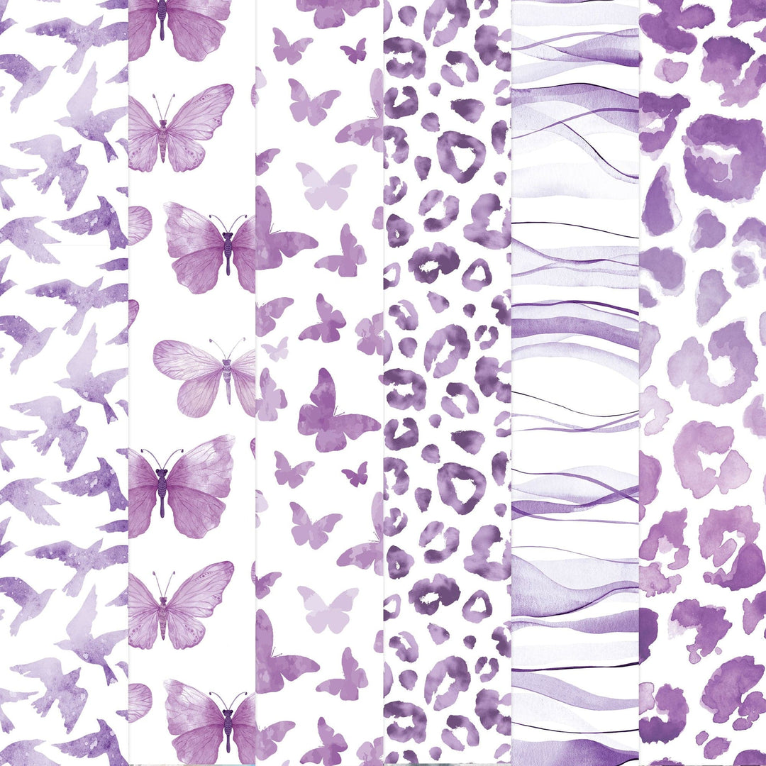 PSET-0045E - Purple Colorways II Paper Assortment - Five vertical strips of decorative paper featuring purple watercolor butterflies, leopard spots, florals, brushstrokes, and petals on white