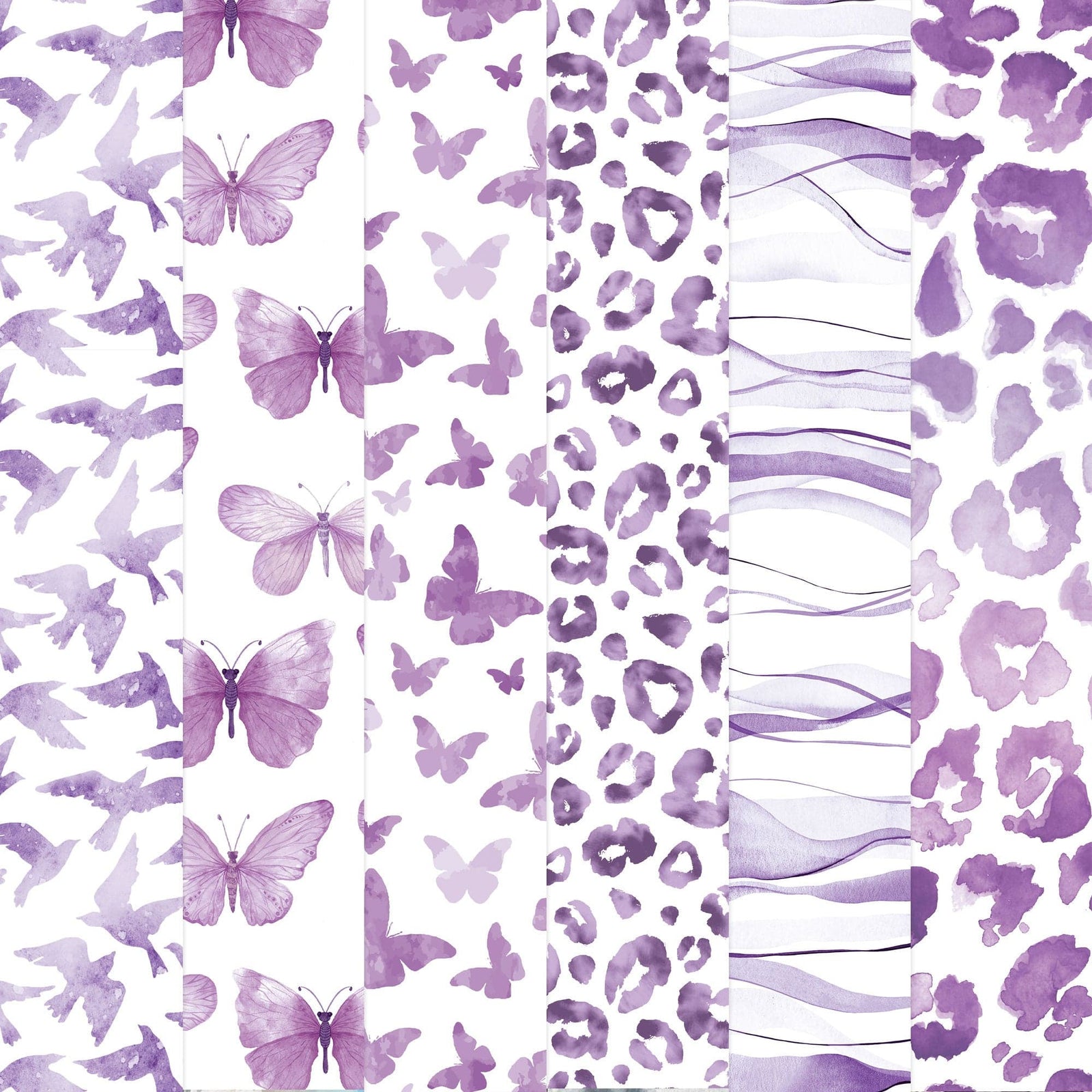 PSET-0045E - Purple Colorways II Paper Assortment - Five vertical strips of decorative paper featuring purple watercolor butterflies, leopard spots, florals, brushstrokes, and petals on white