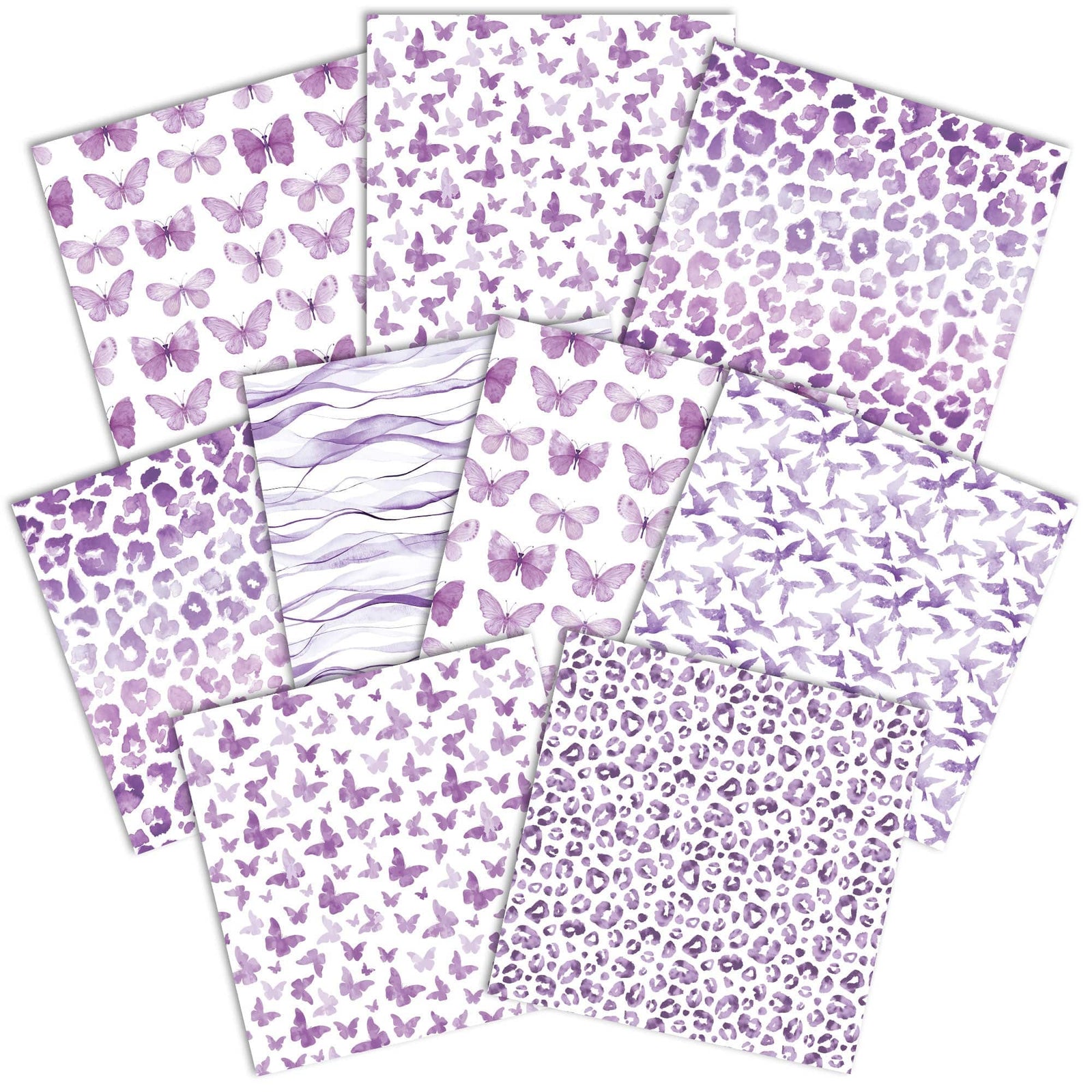 PSET-0045E - Purple Colorways II Paper Assortment - Collection of 10 purple patterned papers featuring butterflies, leopard print, and wave designs on white backgrounds