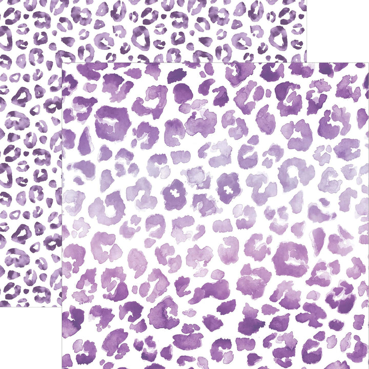 PSET-0045E - Purple Colorways II Paper Assortment - Three overlapping sheets of purple watercolor leopard print patterns on white background