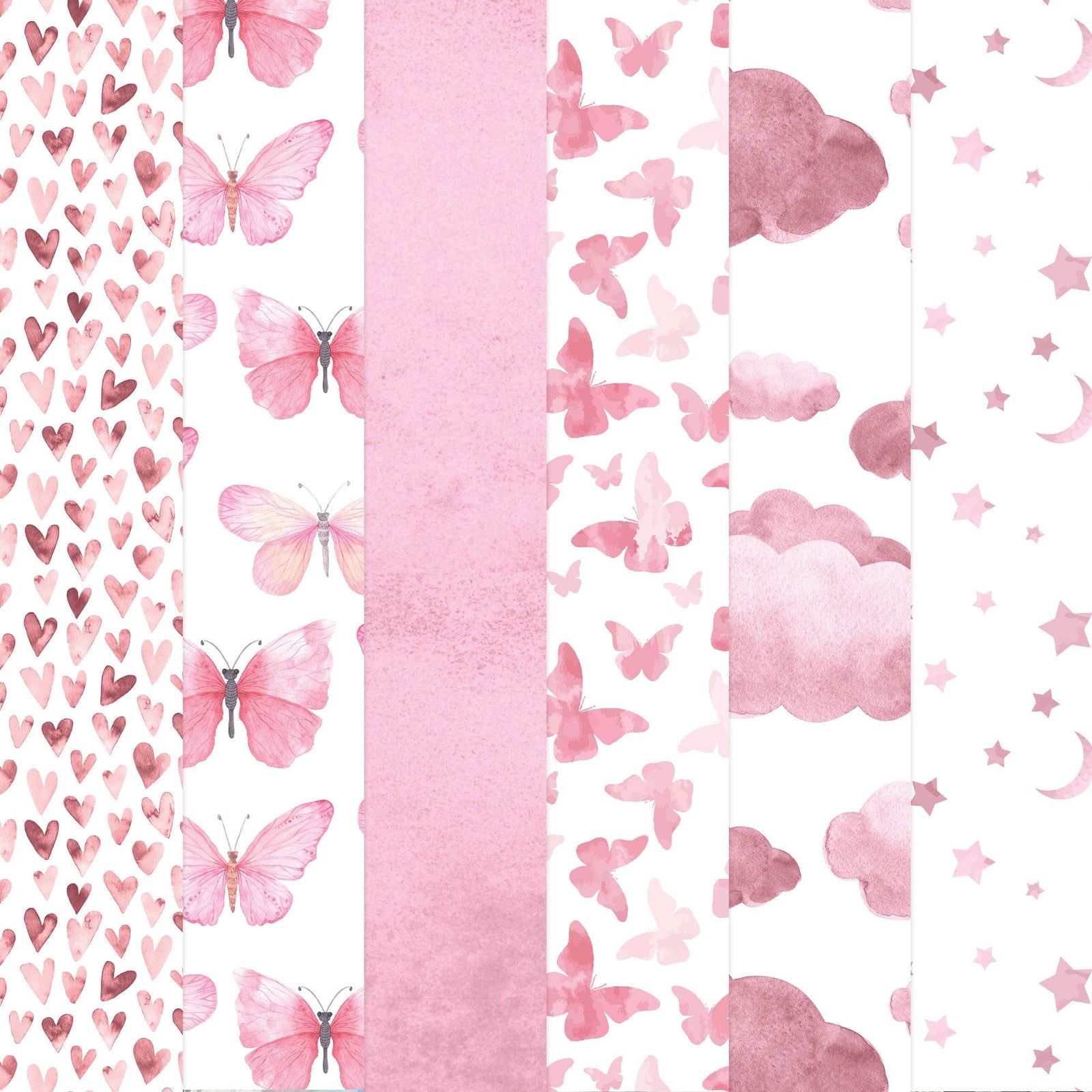 PSET-0046E - Pink Colorways II Paper Assortment - Five vertical striped panels featuring pink watercolor hearts, butterflies, clouds, stars, and moons on white backgrounds