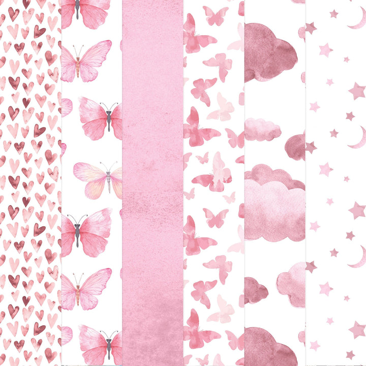 PSET-0046E - Pink Colorways II Paper Assortment - Five vertical striped panels featuring pink watercolor hearts, butterflies, clouds, stars, and moons on white backgrounds