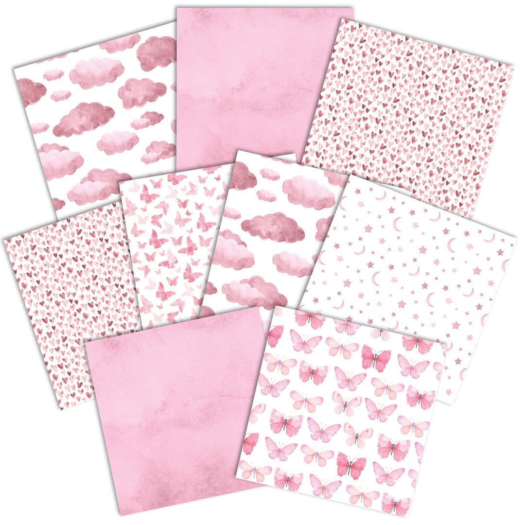 PSET-0046E - Pink Colorways II Paper Assortment - Nine coordinating pink patterned papers featuring hearts, butterflies, clouds, stars, and solid textures