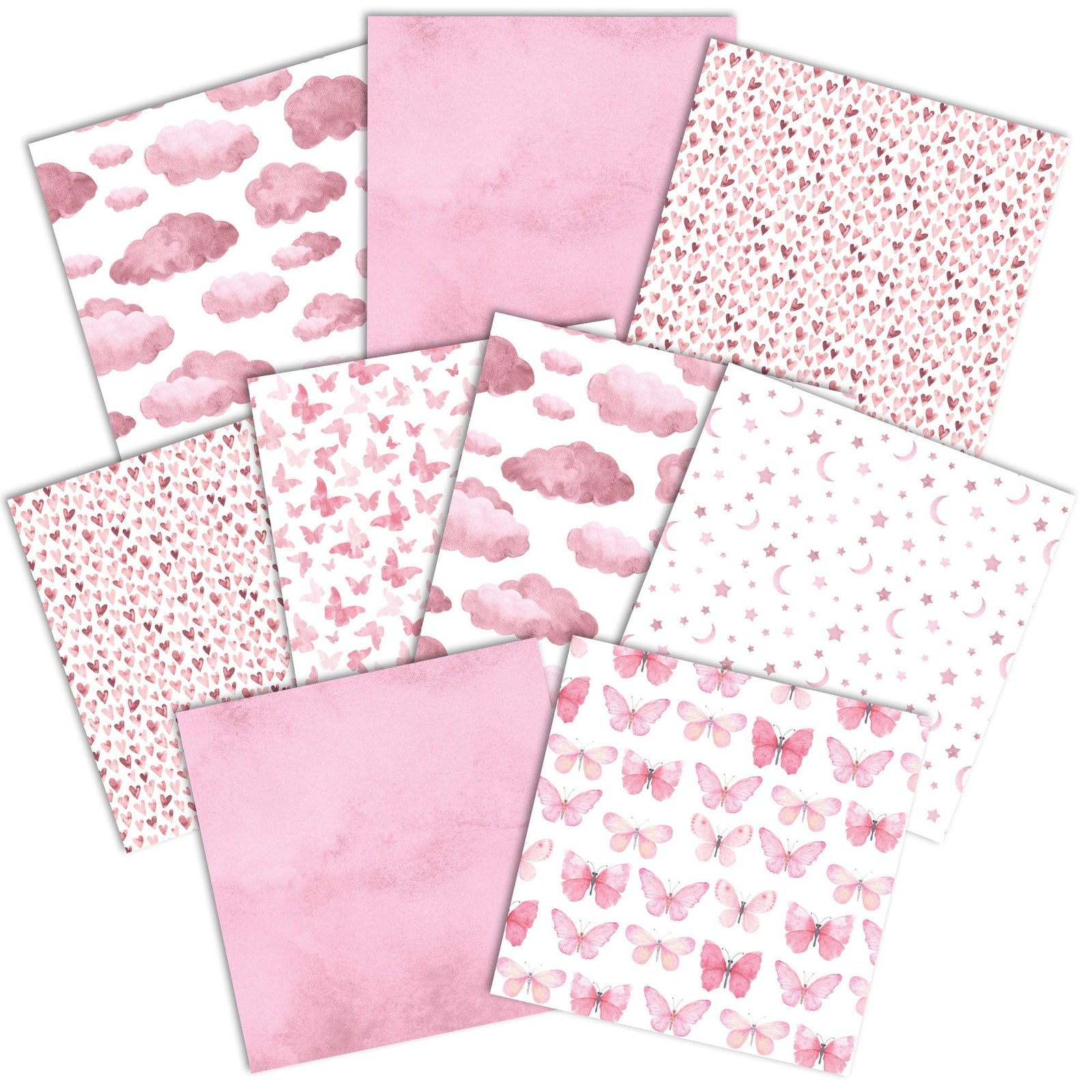 PSET-0046E - Pink Colorways II Paper Assortment - Nine coordinating pink patterned papers featuring hearts, butterflies, clouds, stars, and solid textures