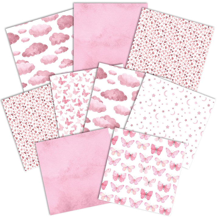 PSET-0046E - Pink Colorways II Paper Assortment - Nine coordinating pink patterned papers featuring hearts, butterflies, clouds, stars, and solid textures
