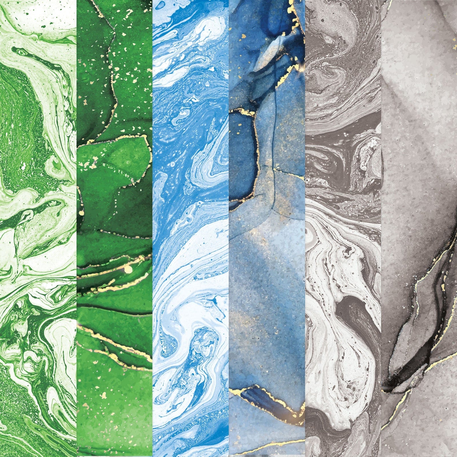 PSET-0047E - Marble Colorways Paper Assortment - Five vertical strips of marbled paper in green, dark green, blue, and gray tones with gold accents